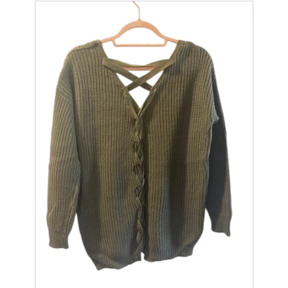 Olive Green V-Neck Sweater w/ Criss Cross Back - XS - Picture 3 of 6